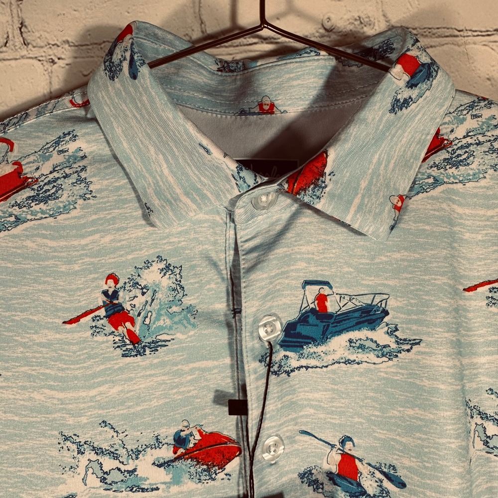 NEW Waggle Golf Polo Shirt Mens Small Blue Water Sports Jet Ski Boat Print NWT - Picture 2 of 8